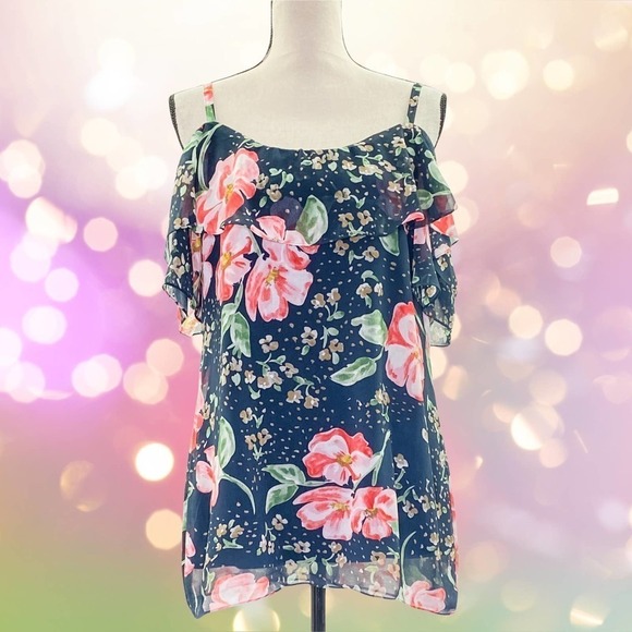 CABI Navy Blue Pink Floral Cold-Shoulder Ruffled Fairy Tale Chiffon Blouse - Picture 10 of 12